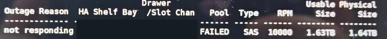 故障查询节选:not responding、FAILED与SAS盘信息;集群、节点、盘位和人员反光区域已裁去或遮挡。